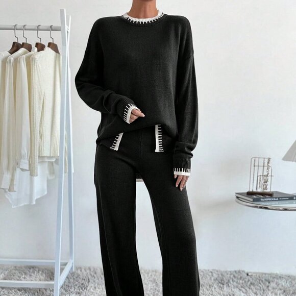 Multicolor Casual Women's Round Neck Drop Shoulder Sweater And Knitted Pants Set - Picture 6 of 6